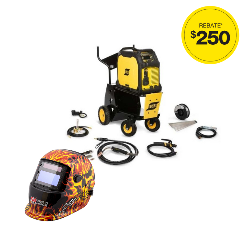 ESAB Rebel EMP 285ic Multi-Process Welder, 460-575 Volt, Three Phase, with Cart & Firepower Auto Darkening Weld Helmet | 0558102557