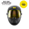 Black ESAB welding helmet with a yellow lens on a white background.