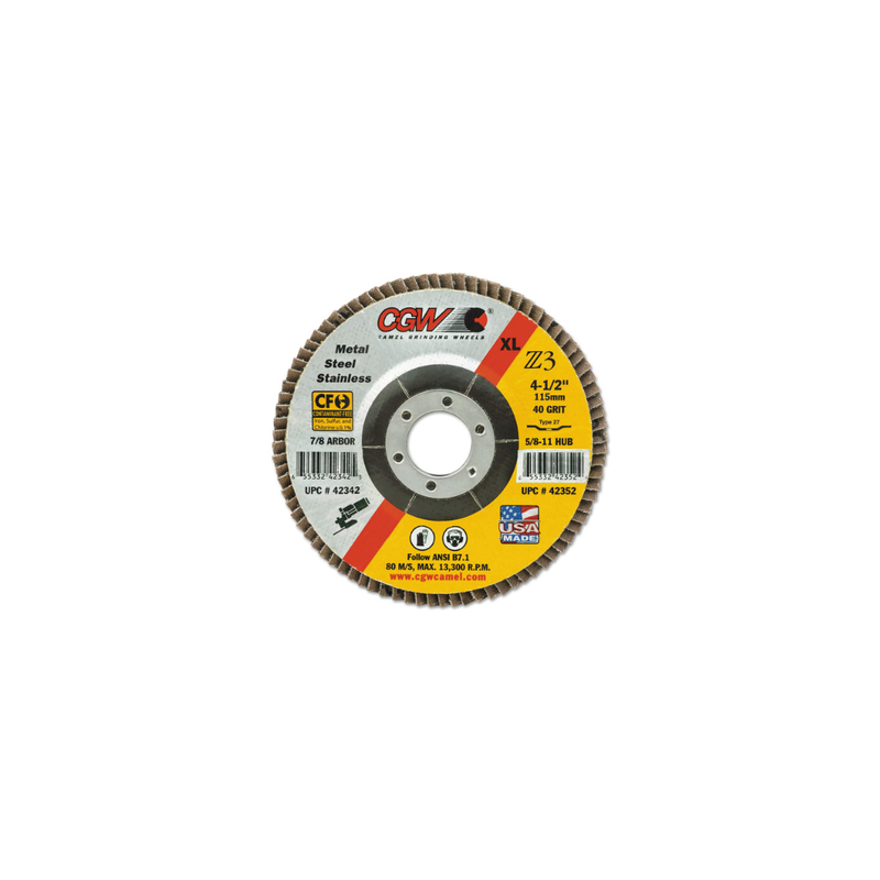CGW Abrasives Premium Z3 XL T29 Flap Disc, 5", 40 Grit, 5/8 Arbor, 12,200 rpm (10 per box) 421-42572