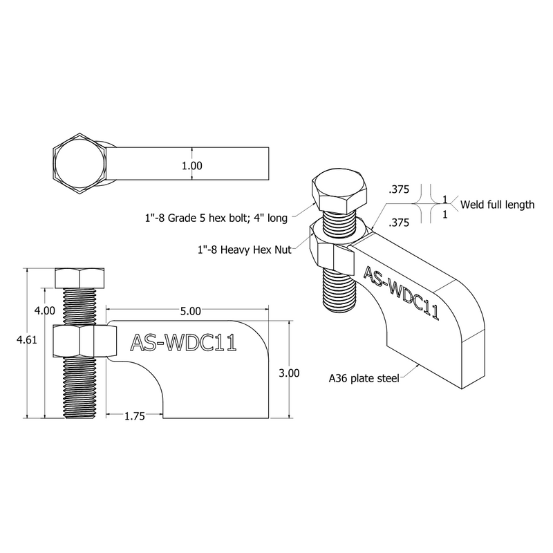 Weld Dog, Carbon Steel, 1" thick plate, Weld On Clamp