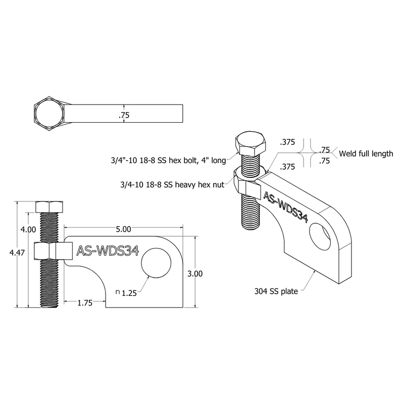 Weld Dog, 304 Stainless Steel, 3/4" thick plate, Weld On Clamp