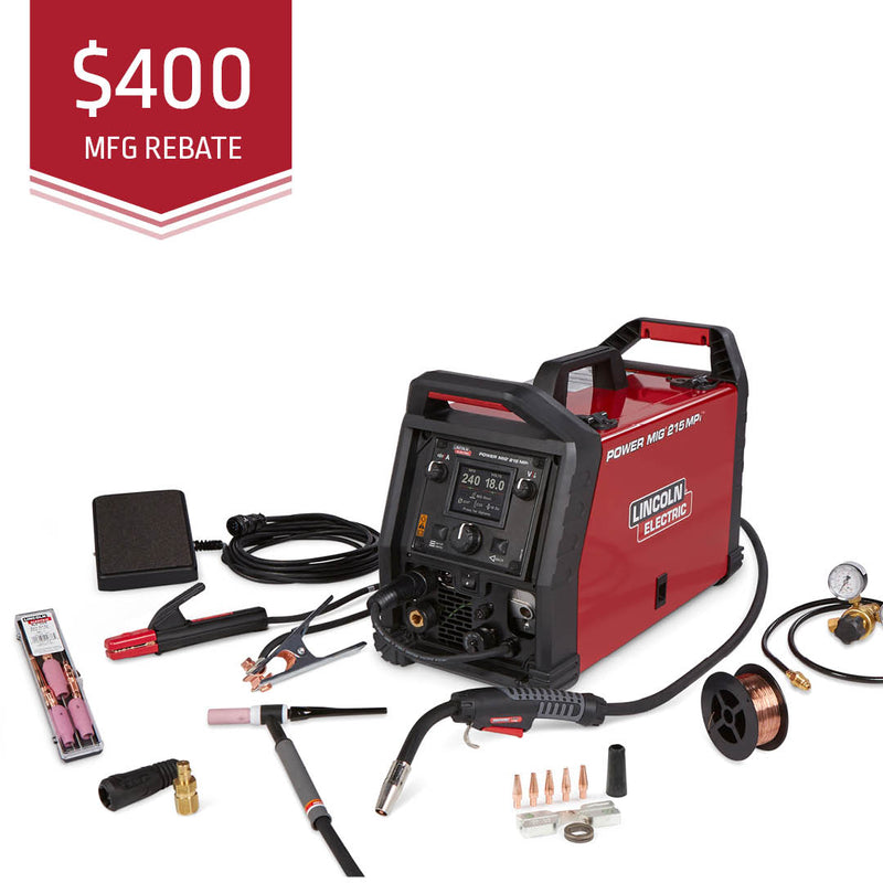 Lincoln Electric POWER MIG® 215 MPi™ Multi-Process Welder TIG One-Pak® K4878-1 w/FREE VIKING 1740 Matte Black Welding Helmet