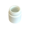 White, PVC-appearing fitting with threaded side of the fitting face-up.