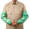 Person in a khaki shirt with their hands crossed wearing green welding sleeves.
