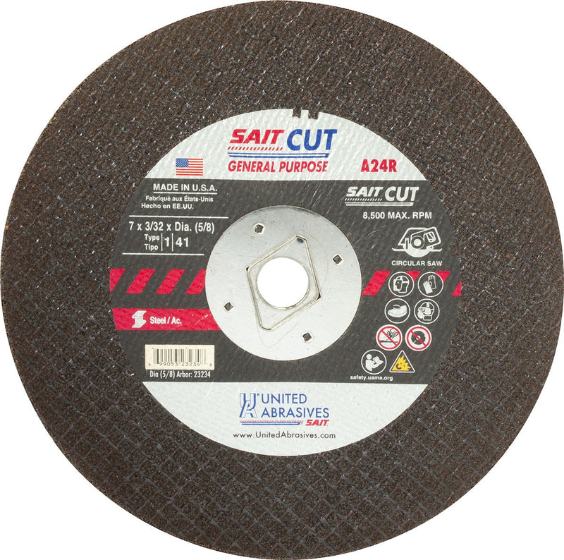 United Abrasives Type 1 Cut-Off Wheels for Portable Saws 7 X 3/32 X DIA A24R Metal 25/pk 23234